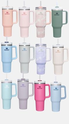 many different colored mugs with handles and lids on each one, all lined up in the same row