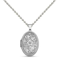 Choose this smaller oval locket to complement her stature. Crafted in sterling silver, this scrollworked oval design features a detailed floral pattern. Poised to become a favorite, this charming choice opens to reveal space for a small photo or memento. Buffed to a brilliant luster, this locket suspends along an 18.0-inch cable chain that secures with a lobster claw clasp. Heirloom Oval Locket Necklace With Intricate Design, Oval Locket Necklace With Intricate Design For Anniversary, Ornate Oval Pendant Locket Necklace, Elegant Etched Oval Pendant Locket Necklace, Antique Silver Oval Locket Necklace, Classic Silver Locket Necklace, Formal Oval Locket Necklace With Intricate Design, Elegant White Gold Oval Link Locket Necklace, Ornate Etched Oval Jewelry