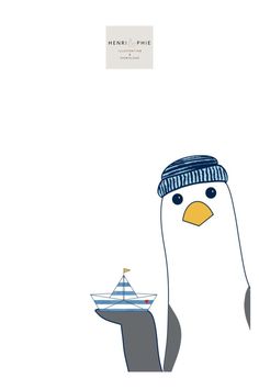 a penguin with a boat in the background