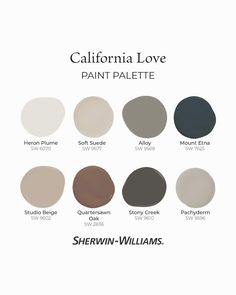 the california love paint palette from sherylin williams's catalog, featuring different shades