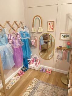 Easy and cute Girls Dress up Corner in bedroom. can be done in a pamyroom also! Six Year Old Bedroom Ideas, Girl Kid Bedroom Ideas, Toddler Girl Room Organization Ideas, Bedroom Turned Playroom, Three Year Old Bedroom Girl, Playroom In Bedroom Ideas, Dress Up Area Girls Room, Girls Playroom Decor, Princess Dress Up Corner