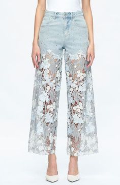 Bayeas High Waist Crystal Embellished Lace Leg Jeans | Nordstrom Lace Jeans, Diy Shorts, Lace Pants, All Jeans, Lace Splicing, Embellished Jeans, Guipure Lace, Curvy Dress, Fancy Pants