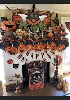 a fireplace decorated for halloween with pumpkins and decorations