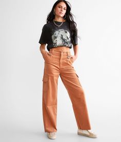 KanCan Signature 90s Cropped Wide Leg Corduroy Cargo Pant - Orange 26/28, Women's Sherry Ultra high rise Slightly fitted through the hip and thigh 15 bottom opening Frayed hem. This quality denim is hand-finished for a unique look. It will wear like your favorite jeans, with each hole and tear continuing to destruct over time. You will love the comfort of this denim that has the look and feel of years of wear. . 97% Cotton 3% Spandex. Machine wash cold with like colors inside out. Do not bleach. Orange Baggy Pants Outfit, Cool Barista Outfit, Corduroy Pants Outfit Aesthetic, Orange Jeans Outfit, Burnt Orange Pants Outfit, Rust Pants Outfit, Orange Cargo Pants Outfit, Wide Leg Cargo Pants Outfit, Moon Thoughts