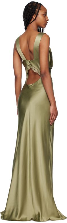 Silk satin dress. Lace trim throughout. · V-neck · Fixed shoulder straps · Button closure · Cutout at back · Full crepe lining Supplier color: Artichoke Green Pattern Dress, Reformation Clothing, Green Slip Dress, Silk Satin Dress, Dreamy Dress, Silk Maxi Dress, Pattern Dress, Green Pattern, Satin Dress