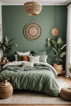 a bedroom with green walls and plants in the corner