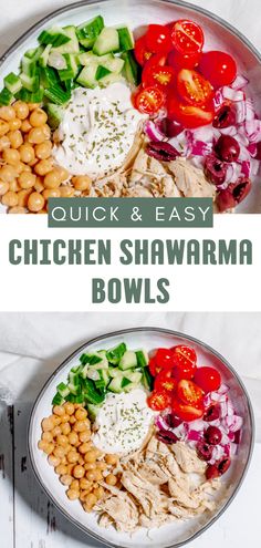 chicken shawarma bowls with chick peas, tomatoes and lettuce on top