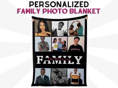 a family photo blanket with the words, personalized family photo blanket