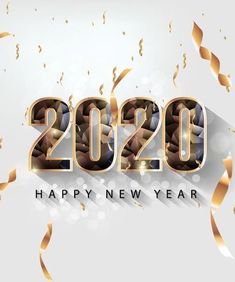 happy new year 2020 with gold confetti and streamers