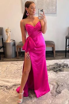 Hot Pink Formal Dress, Prom Dress With Bow, Pink Formal Dress, Hot Pink Prom Dress, Dress With Bow Tie, Tea Length Prom Dress, Mermaid Style Dress, Prom Dresses Long Pink, Strapless Evening Dress