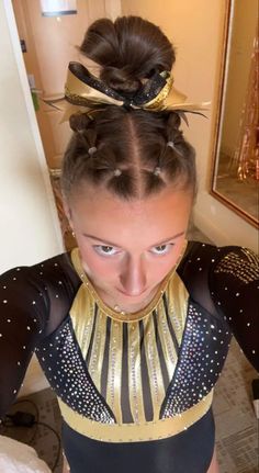 The Best Hairstyles for Gymnastics - NUTRI RUN CLUB Best Cheer Hairstyles, Cute Gymnastics Hairstyles For Practice, Meet Day Hairstyles Gymnastics, Hair For Competition, Easy Hair For Gymnastics, Gymnastics Meet Hairstyles For Short Hair, Cheer Comp Hair High Pony, Ncaa Gymnastics Hair, Bubble Braid Gymnastics Hair