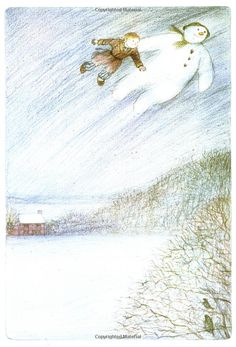 a drawing of two children flying over a snowman