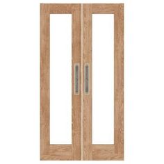 an oak double door with glass panels and sidelights on the top, in front of a white background