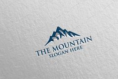 the mountain logo is shown on a white surface with blue lettering and an image of a mountain