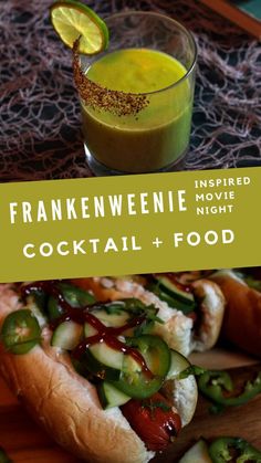 frankenweenie movie night recipes- spicy jalapeno relish hot dog and a green creamy avocado margarita Frankenweenie Themed Dinner, Frankenweenie Food Ideas, Frankenweenie Dinner And A Movie, Frankenweenie Movie Night, Halloween Movie Recipes, Halloweentown Movie Night Food, Recipes From Tv Shows, Horror Movie Food, Movie Inspired Food