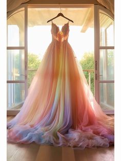 Colored Wedding Dresses Tulle & Chantilly, Rainbow Dress Women Wedding, Rainbow Gown Dress, Plus Size Wedding Dresses Rainbow, Rainbow Veil Wedding, Wedding Dresses Rainbow, Unique Wedding Dresses Different Colour, Fancy Costume Ideas, Holographic Wedding Dress