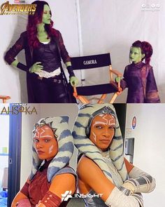 two pictures of people dressed as star wars characters, one in costume and the other with makeup