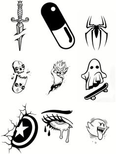 various tattoo designs are shown in black and white