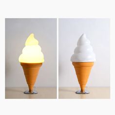 an ice cream cone shaped lamp is shown in two different angles, one yellow and the other white