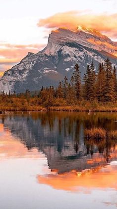 the mountains are reflected in the still water at sunset, with pine trees on either side