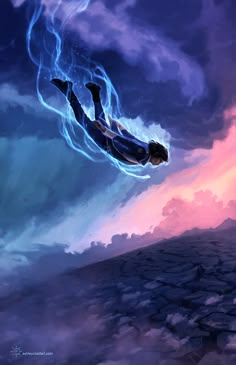 a man floating in the air on top of a cloud filled sky with lightning coming out of his head