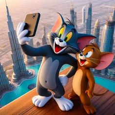 an animated cat and mouse standing next to each other in front of a cityscape