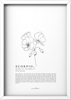 a black and white drawing of flowers in a frame with the words scorpio on it