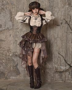 Steampunk Mode, Steampunk Outfits, Moda Steampunk, Rok Midi, Sandal Tali, Mode Steampunk, Halloween Idea, Steampunk Dress, Corset Outfit