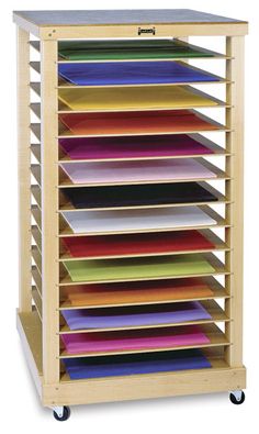 a wooden shelf with many folders on it's sides and two wheels for each section