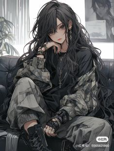 an anime character with long hair sitting on a couch