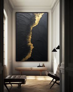 Black And Gold Abstract Wall Art Large Decorative Paintings Big Canvas Art minimalist apartment decor Art For Man Cave, Stretched Canvas, Large Wall Art Ideas, Black And Gold Bedroom Artwork, Dark Texture Wall Art, Gold And Black Abstract Painting, Black Gold Texture Painting, Large Textured Wall Art Black, Foyer Wall