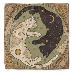 two cats sitting on top of each other in front of a moon and stars design