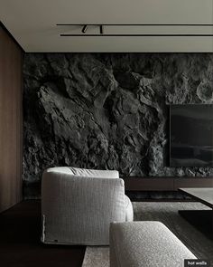 black and white living room with large stone wall behind the couch, television on top of it