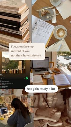 a collage of photos with text that reads focus on the step in front of you, not the whole staircase