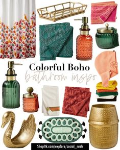 colorful boho bathroom decor is featured in this postcard from shoppink com