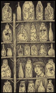 a drawing of many bottles on shelves with faces and heads in them, all lined up against the wall