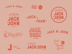 the logos for jack and john's restaurant are shown in red on a pink background