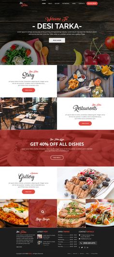 the restaurant website is displayed in red, white and black colors with an image of food items