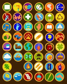 a large set of different colored circles with icons on them, all in different colors