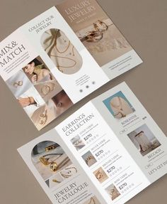 two brochures are shown with jewelry on them