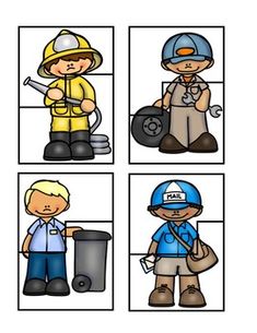 four different pictures of firemen with the same clothes and hat, one is holding a trash can