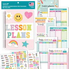 the lesson planner book for teachers with rainbows and stars on it, includes two pages