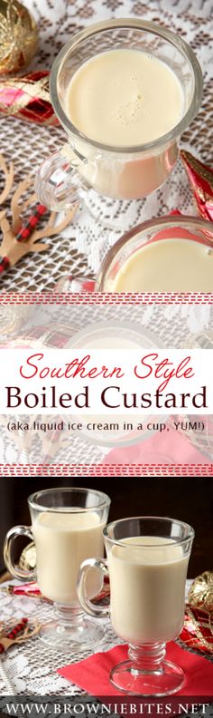 southern style boiled custard recipe in two glasses on a table with red and gold decorations