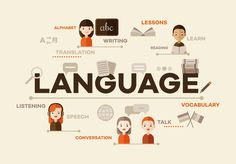 the words language are written in different languages, with people talking and sitting around them