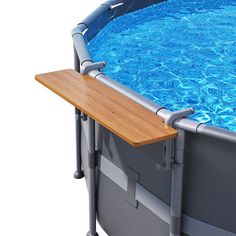 an above ground swimming pool with a wooden table