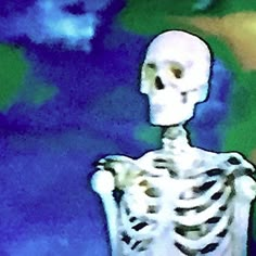 a painting of a skeleton with spots on it's chest and arms, standing in front of a blue background