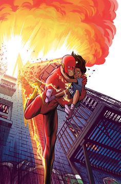 the flash is being hugged by a man in front of a building with flames coming from it