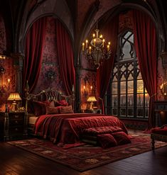 an ornate bedroom with red curtains, chandelier and bed in front of a large window