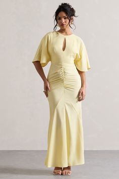 Mustard Dress Outfit Wedding, Elegant Maxi Dress With Sleeves Classy, Dress For Broad Shoulder Women, Wedding Guest Dress Modest, Wedding Guest Dresses Spring, Yellow Fitted Dress With Gathered Sleeves, Curvy Dress Wedding Guest, Bridgerton Inspired Dresses, Feminine Yellow Fitted Maxi Dress