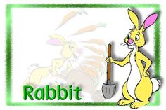 a rabbit holding a shovel with the word rabbit on it's back and an image of